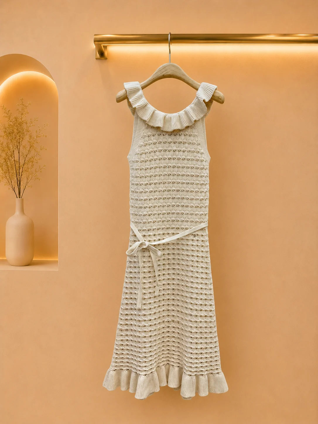 Fine Openwork Knit Sleeveless Ruffle Round Collar Midi Dress