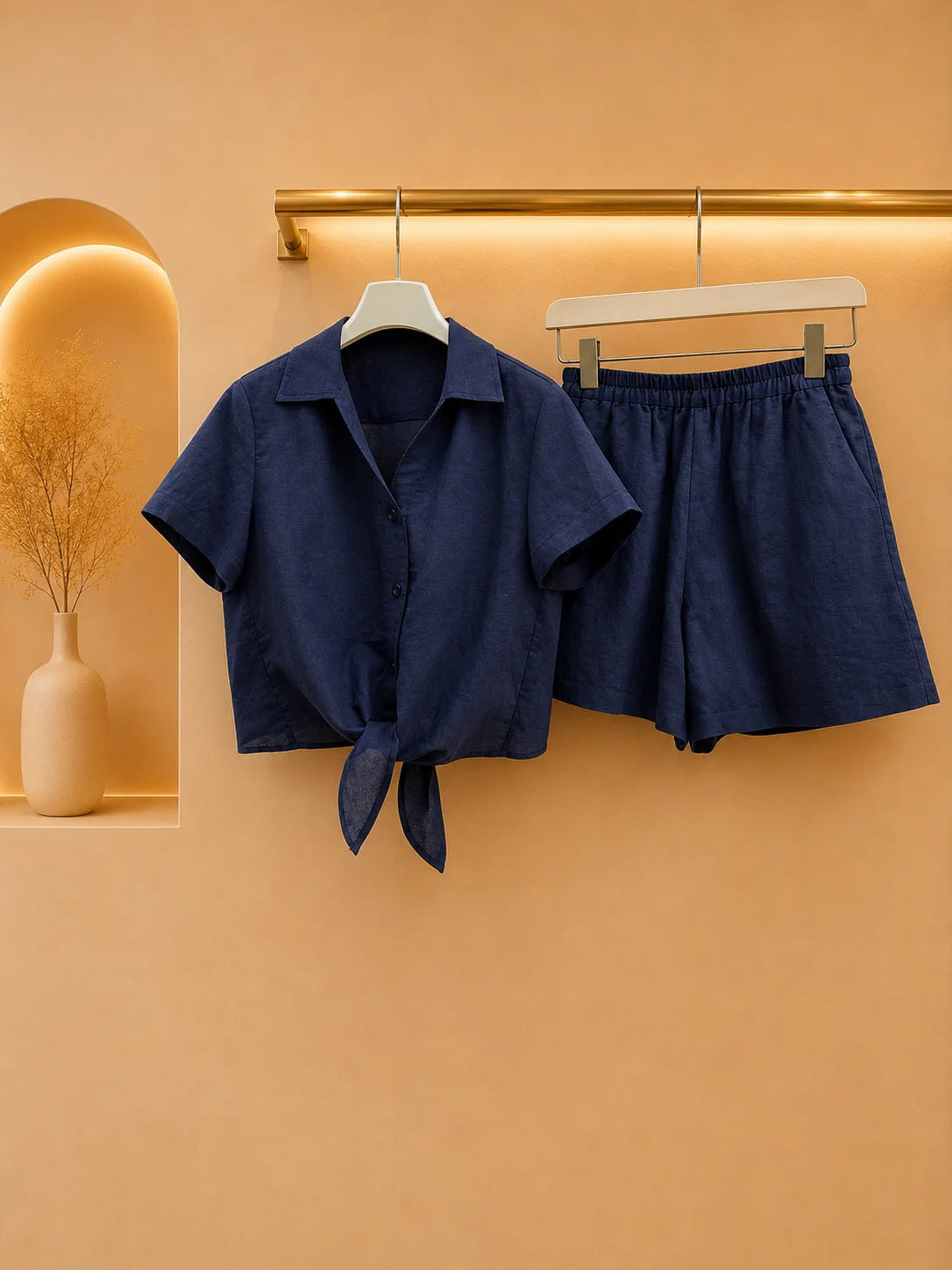 Women Two Piece Set Luxe Textured Linen Knotted Front Shirt Top
