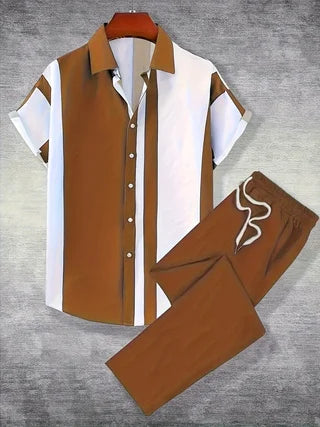 Men Printed Two Piece Short Sleeve Shirt And Pants Set