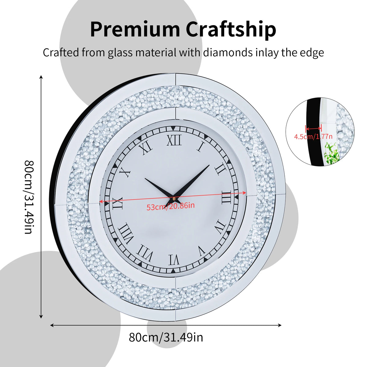 Round Crystal Sparkle Diamond Mirrored Wall Clock With Alarm
