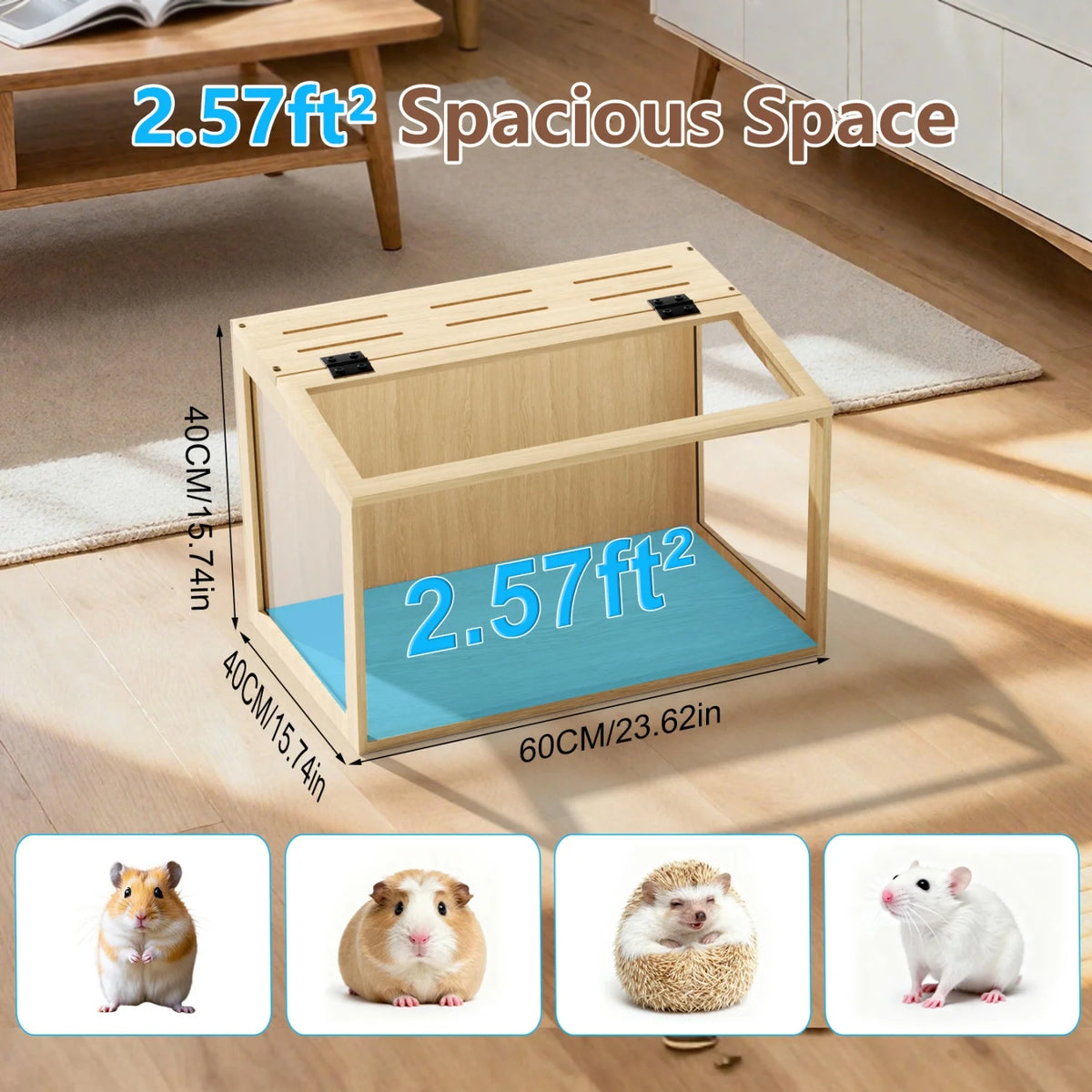 Wooden Small Pet Cage Featuring Tempered Glass And Integrated Led Lamp