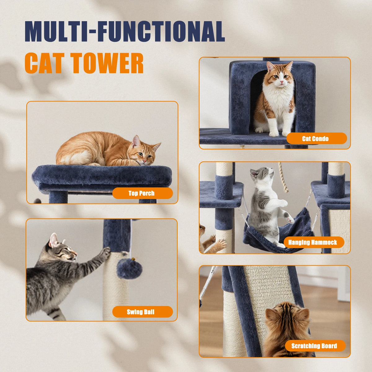 JHK Tall 63 Inch Multi-Level Cat Tree With Scratching Posts And House