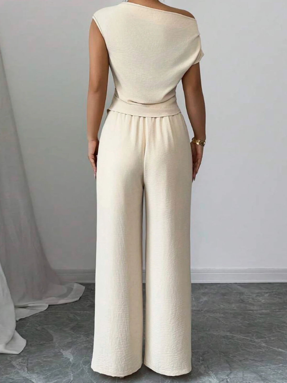 Elegant Pure Color Ladies Asymmetric Top And Wide Leg Pants Two Piece Set
