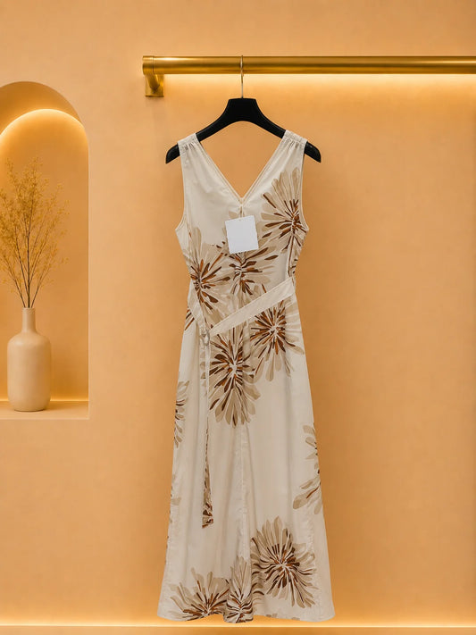 Women Floral Print Deep V Neck Sleeveless Midi Dress