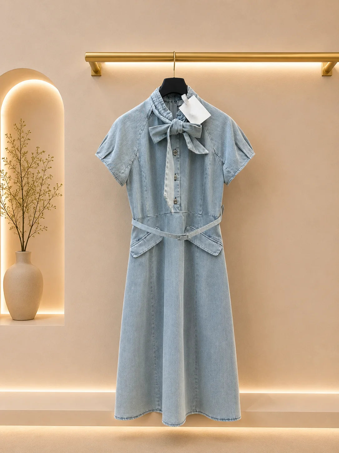 Women's Knit Denim Belted Dress With Bow Button Front