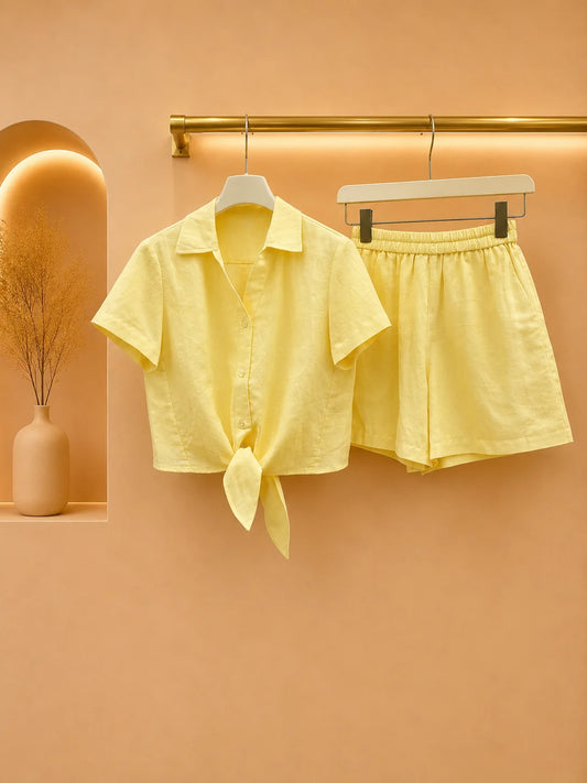 Women Two Piece Set Luxe Textured Linen Knotted Front Shirt Top