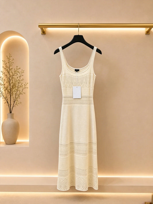 Women's Tiered Openwork Knit Sling Dress With Wide U Neck