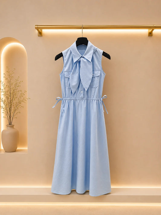 Women Relaxed Midi Shirt Dress With Bow And Pockets