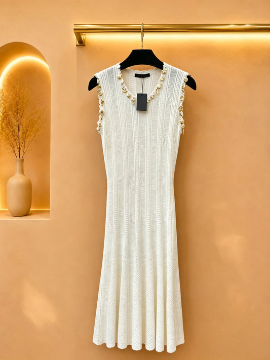 Womens Scalloped Knit Midi Dress With Sequins And Charm