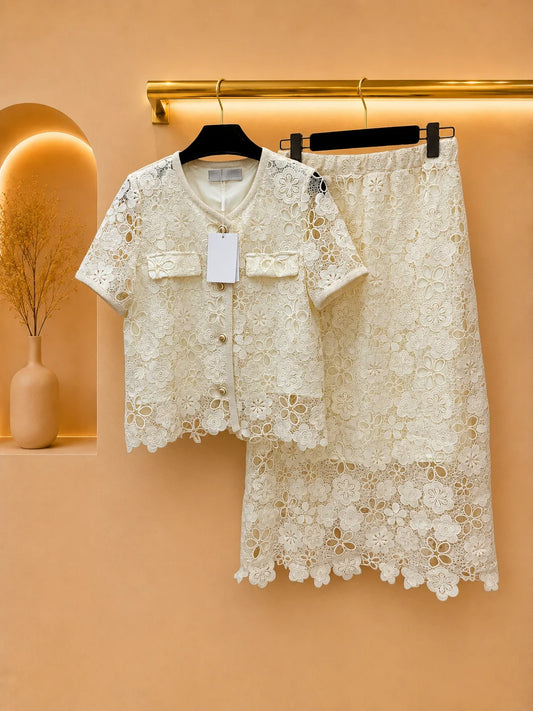 Women Two Piece Set Lightweight Hollow Lace Cardigan And Midi Skirt
