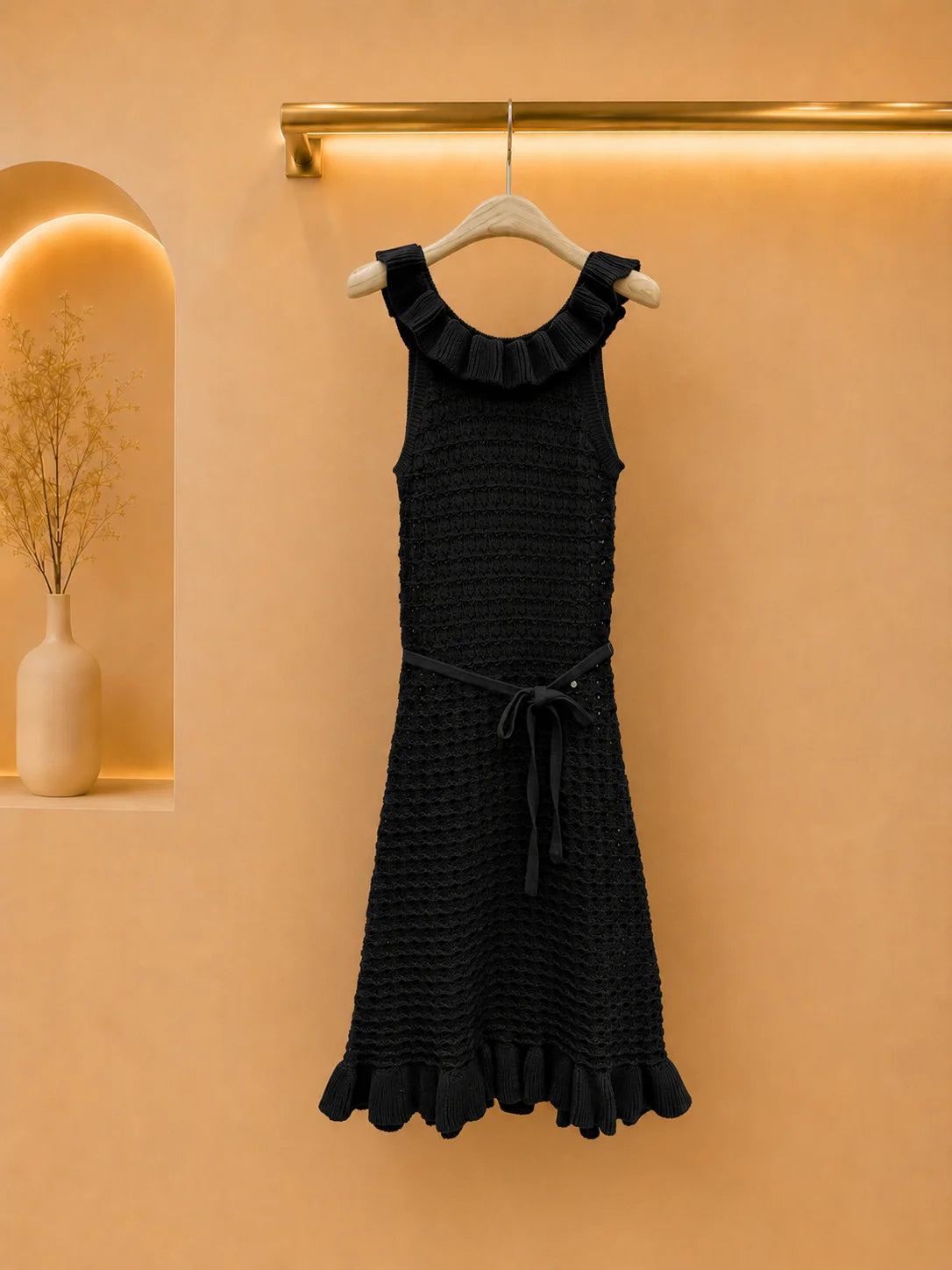 Fine Openwork Knit Sleeveless Ruffle Round Collar Midi Dress