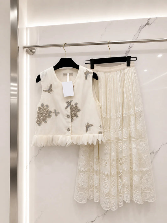 Women Two Piece Set Floral Butterfly Embroidery Midi Skirt