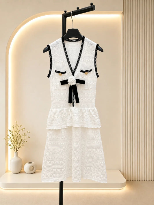 Women's V Neck Sleeveless Knit Mini Dress With Rosette Bow