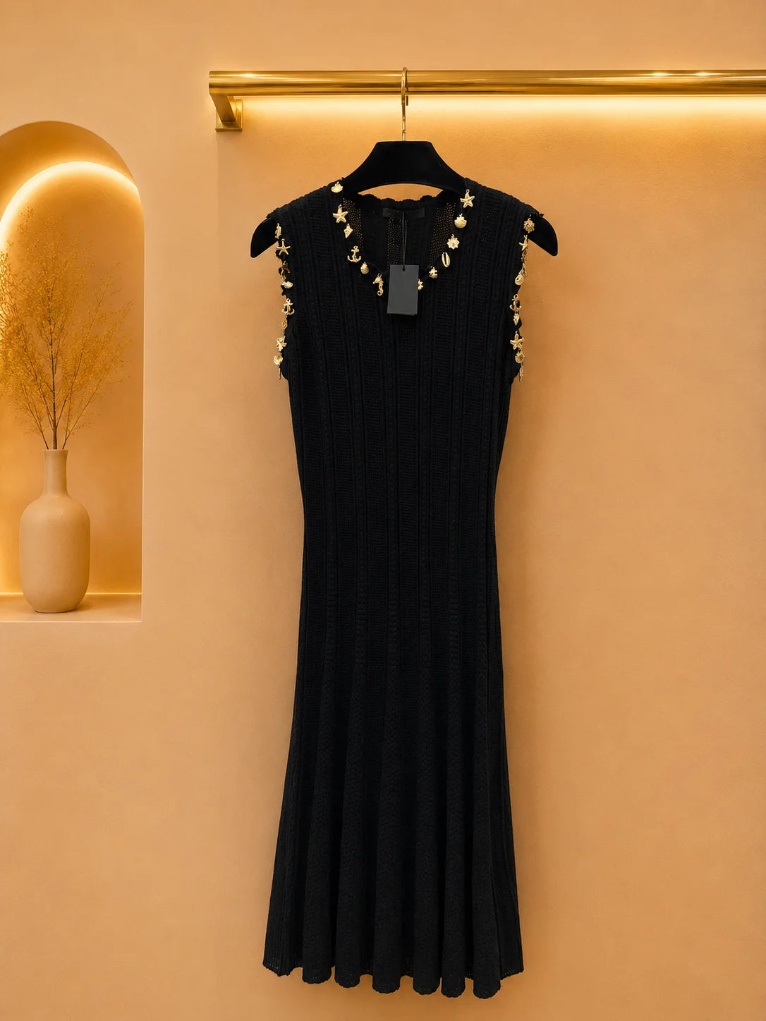 Womens Scalloped Knit Midi Dress With Sequins And Charm