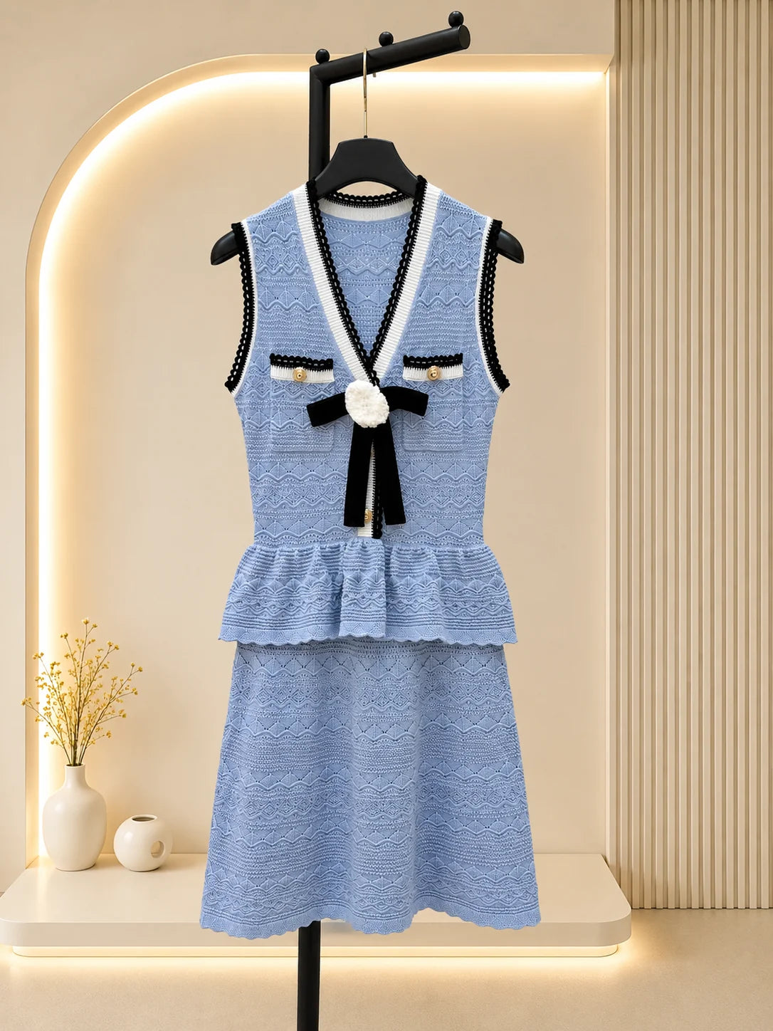 Women's V Neck Sleeveless Knit Mini Dress With Rosette Bow