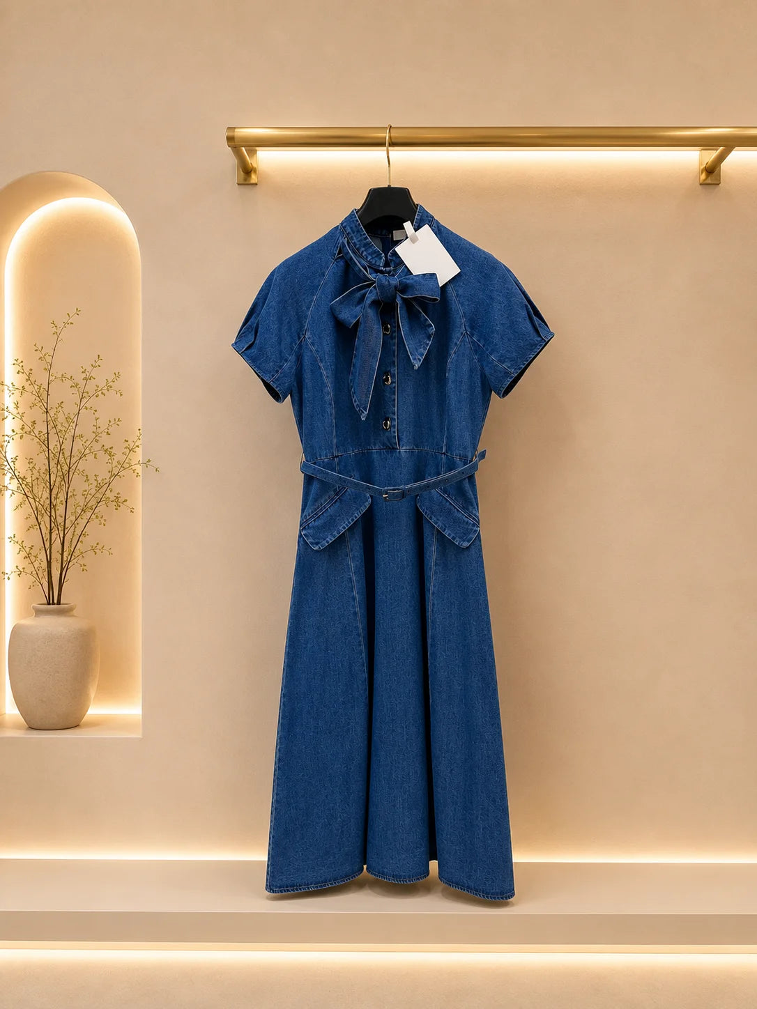 Women's Knit Denim Belted Dress With Bow Button Front