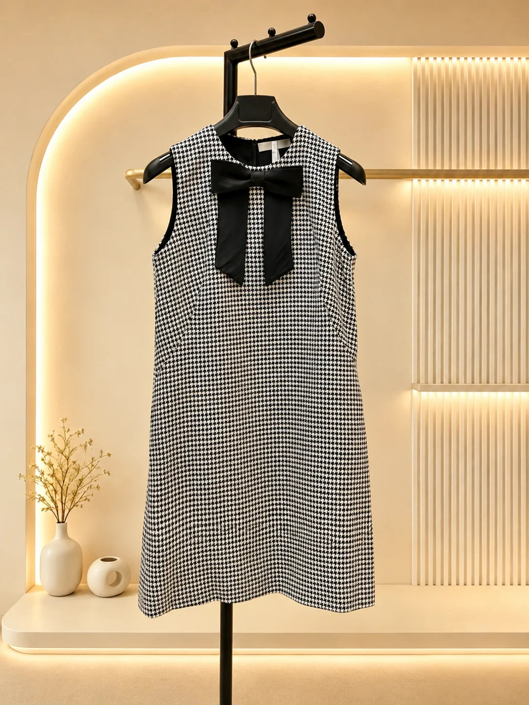 Women's Sophisticated Sleeveless Checked Dress With Knot