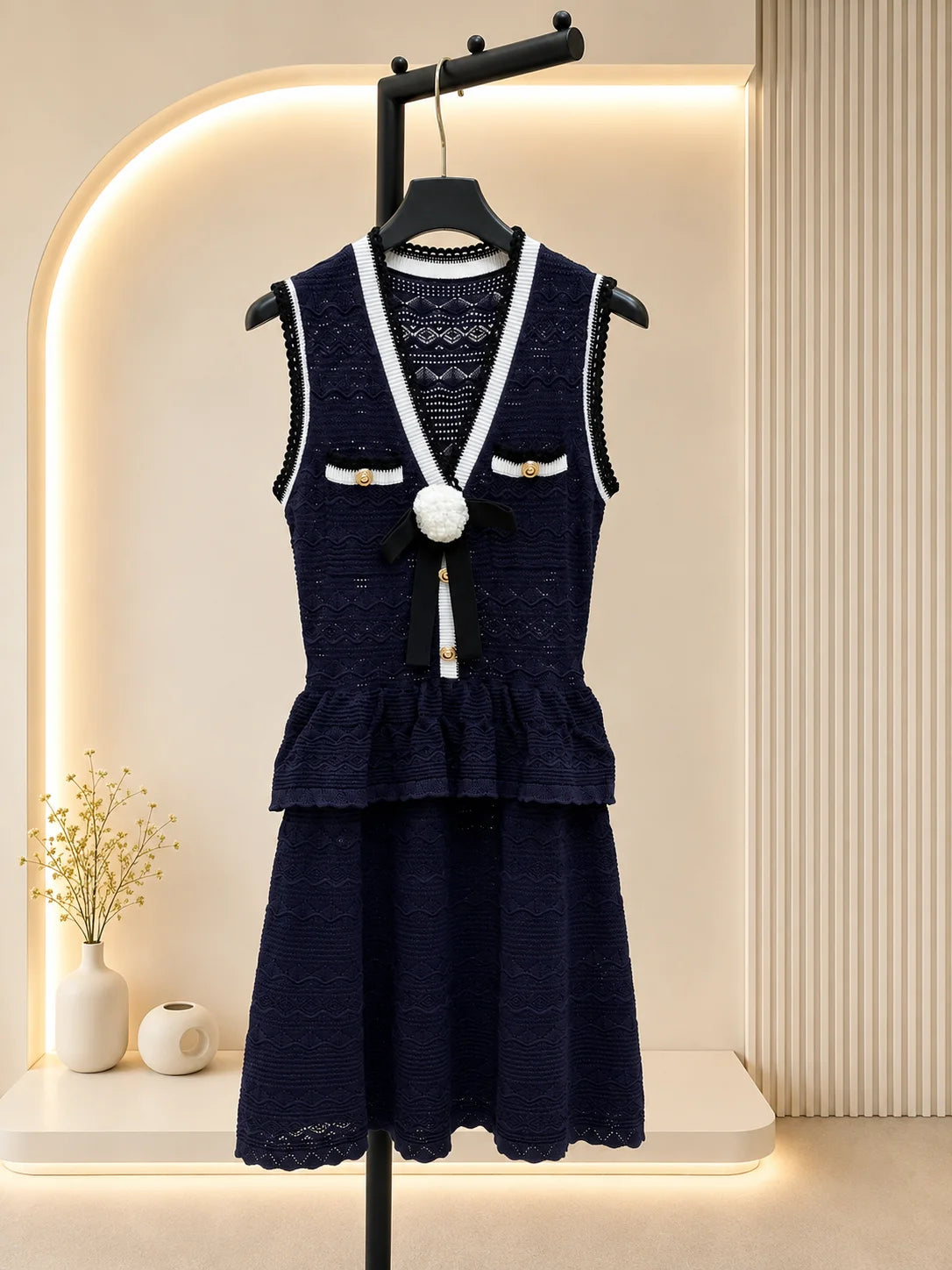 Women's V Neck Sleeveless Knit Mini Dress With Rosette Bow