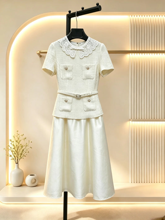 Tweed Midi Dress For Women With Floral Pattern And Matching Belt