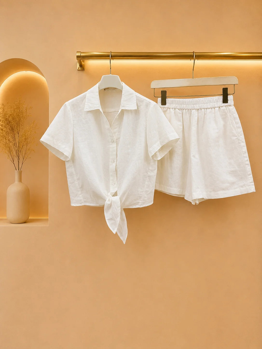 Women Two Piece Set Luxe Textured Linen Knotted Front Shirt Top