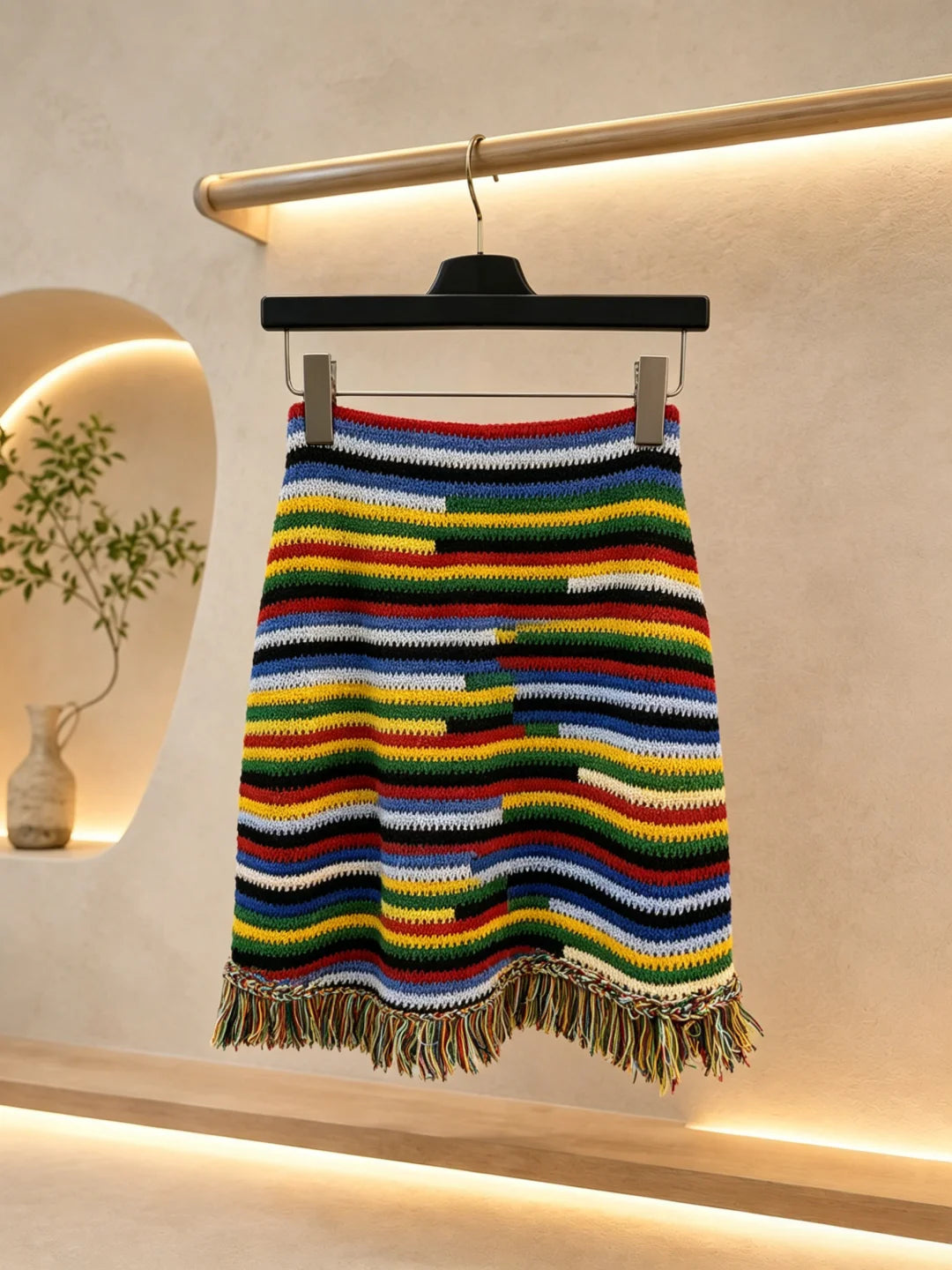Hand Crochet Rainbow Striped Women High Waist A-Line Mini Skirt