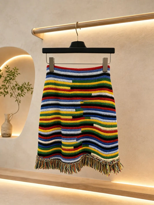 Hand Crochet Rainbow Striped Women High Waist A-Line Mini Skirt