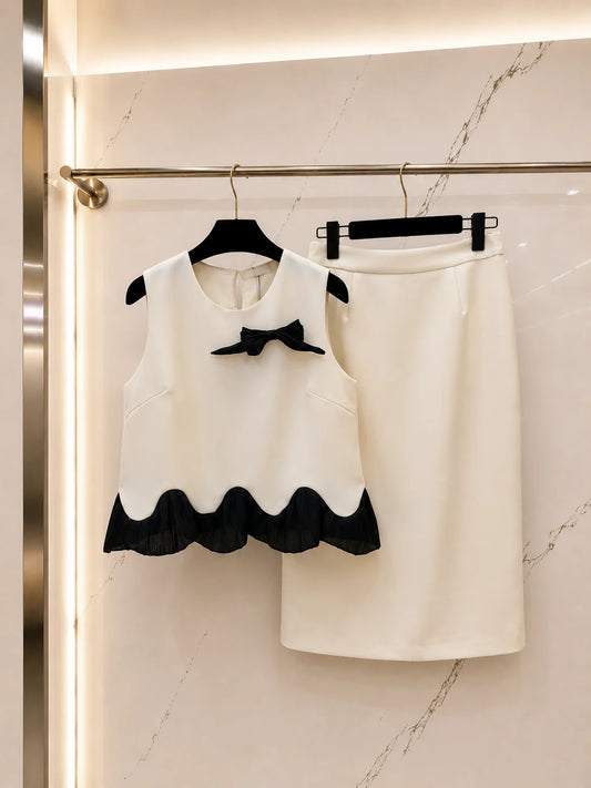 Women's Sleeveless Bow Decor Scalloped Knit Top Midi Skirt Set