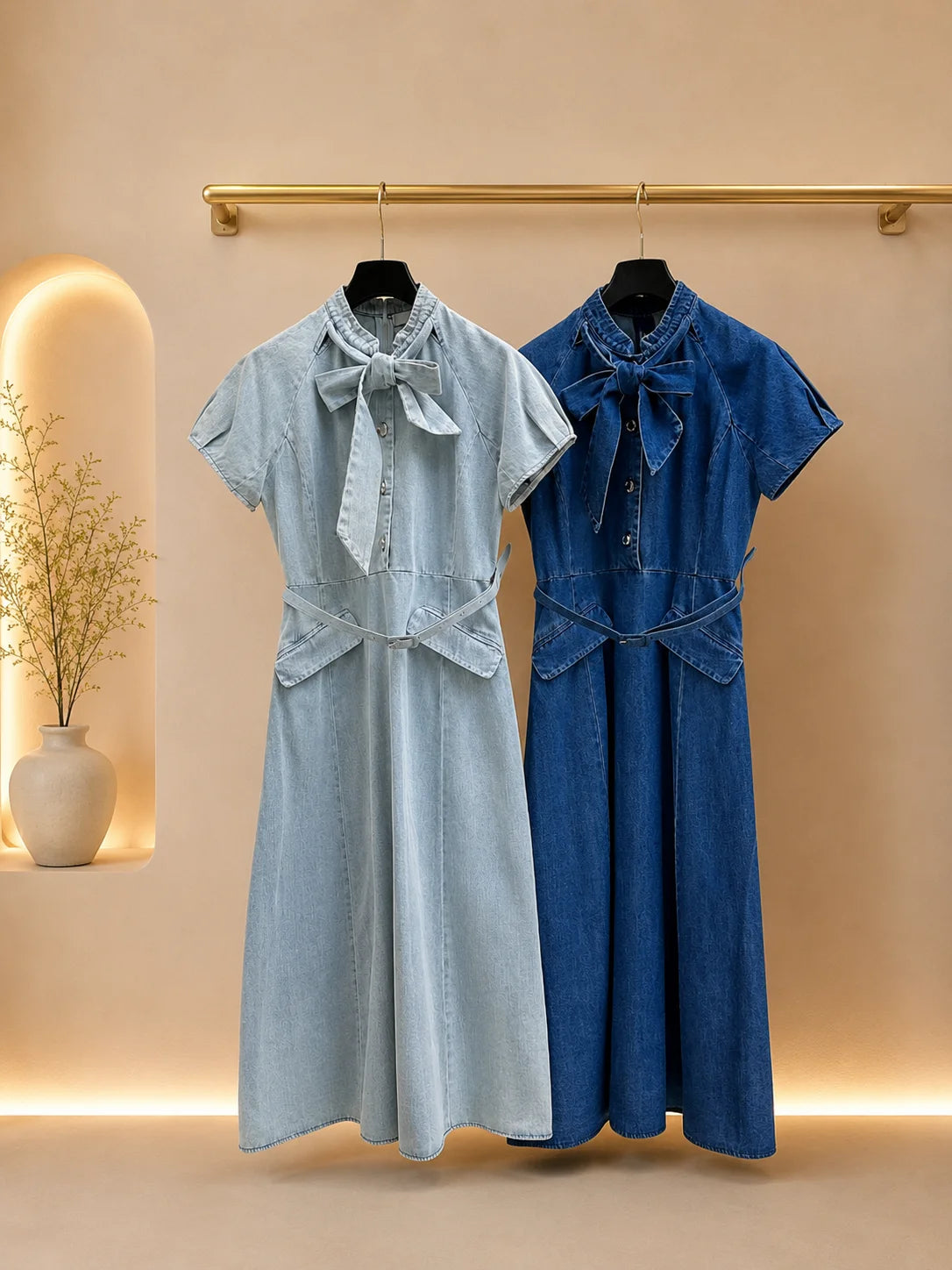 Women's Knit Denim Belted Dress With Bow Button Front