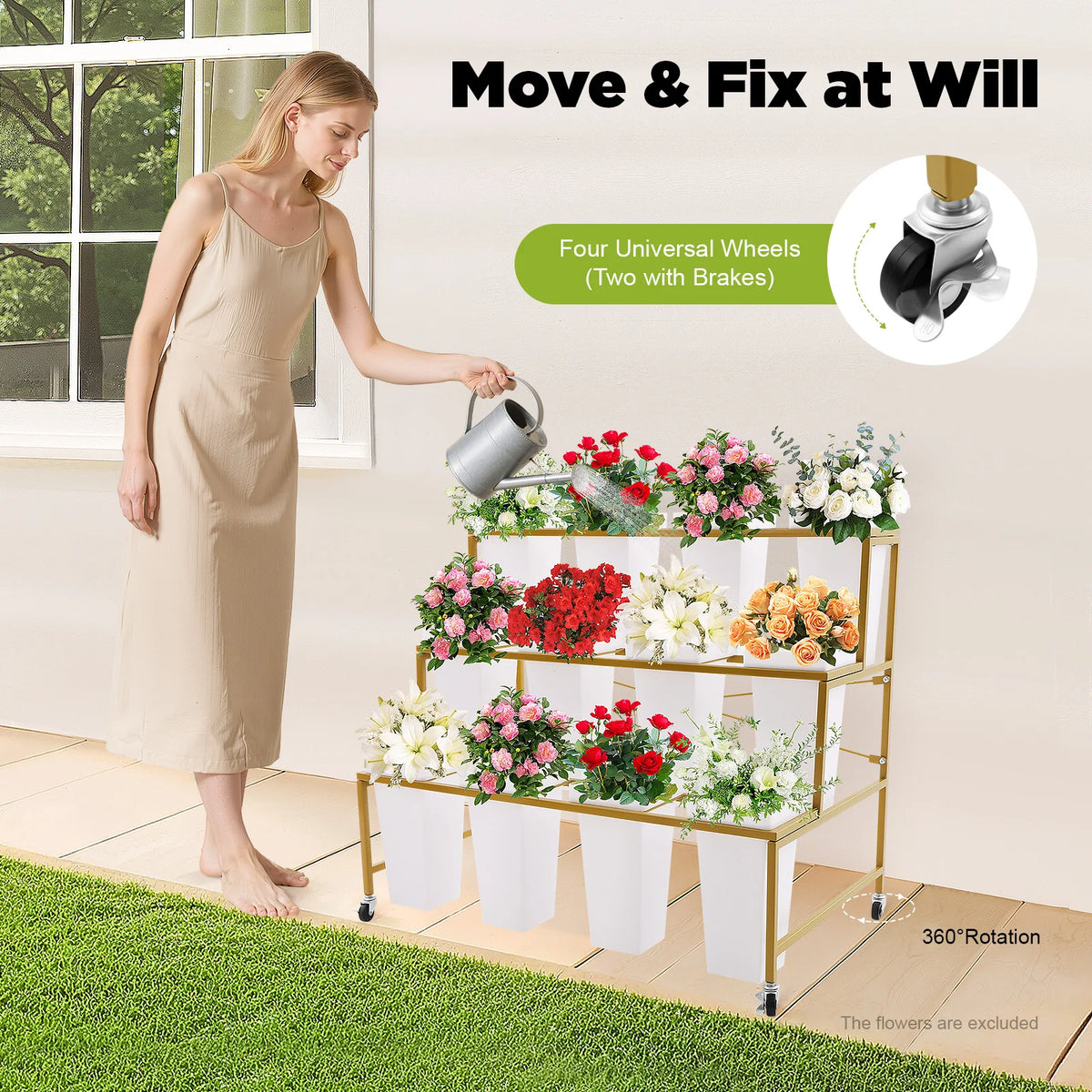 3 Tier Metal Flower Display Cart With 12 Buckets and Wheels