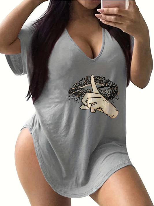 Casual Women's Leopard Lips Graphic V Neck Short Sleeve Tee