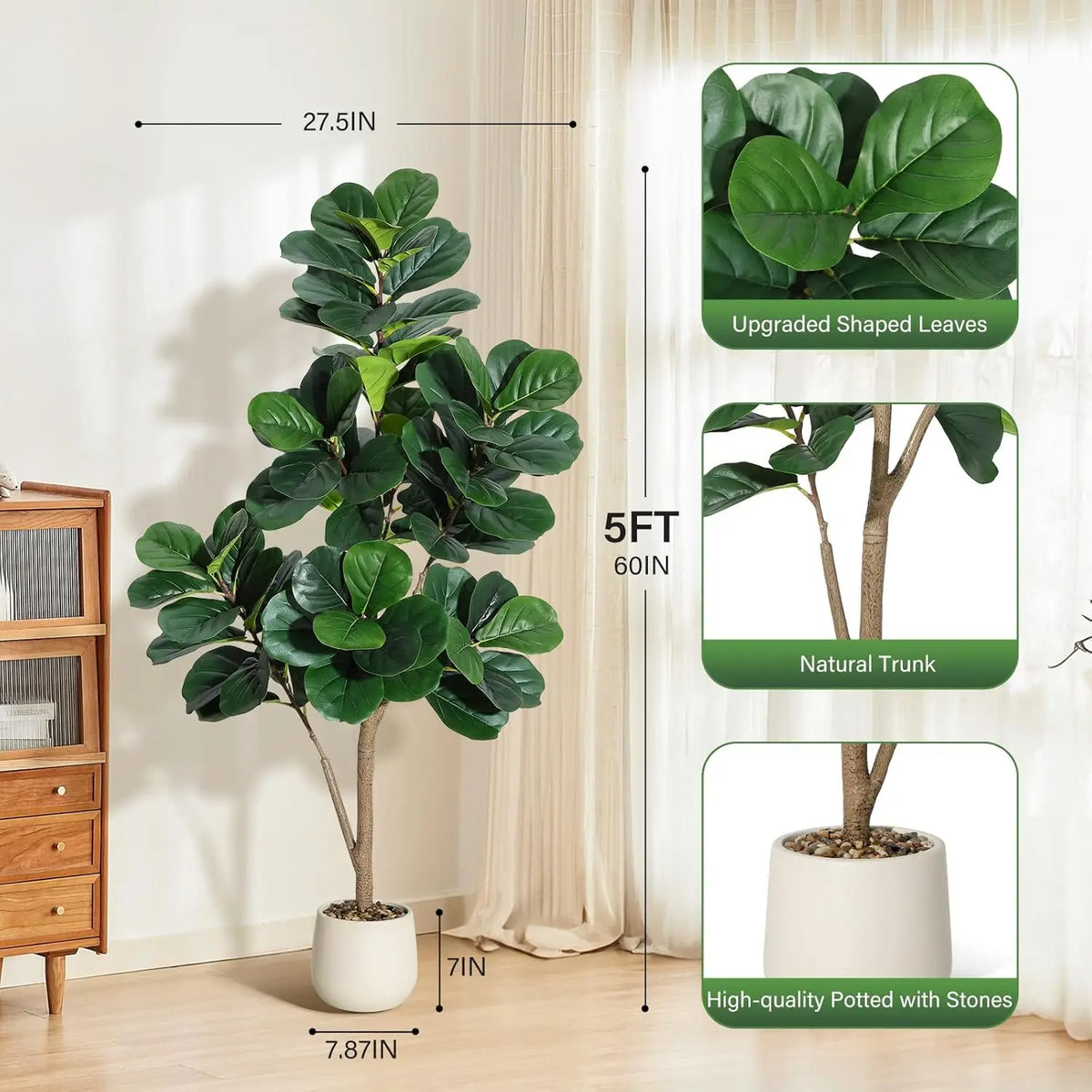 Himiss Artificial Fiddle Leaf Fig Tree In White Planter