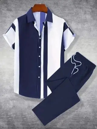 Men Printed Two Piece Short Sleeve Shirt And Pants Set