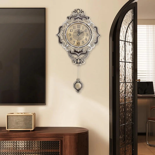 Retro Metal Wall Clock With Swinging Pendulum And Silent Movement