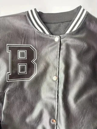 Womens Cropped PU Leather Baseball Jacket Featuring Letter Embroidery