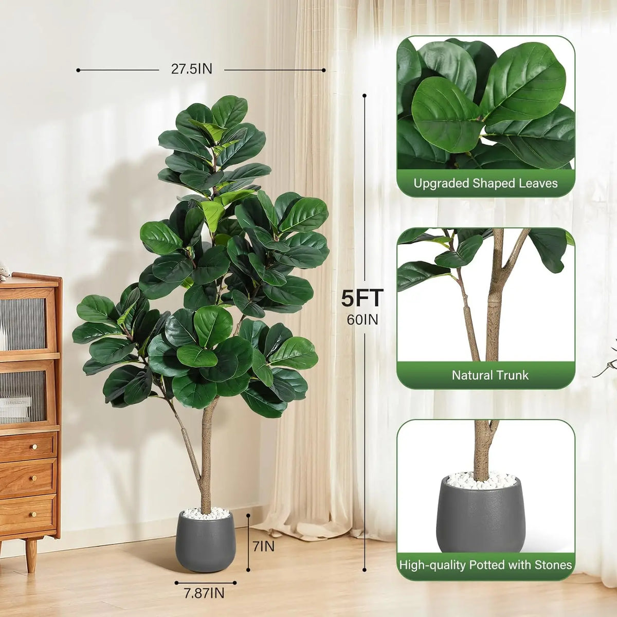 Himiss Realistic Artificial Fiddle Leaf Fig Tree In Planter Pot For Home Decor