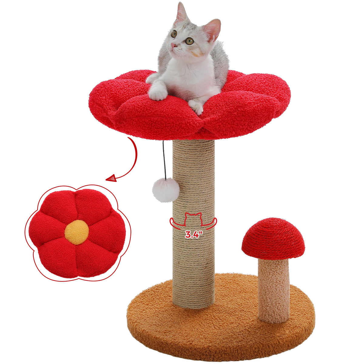 Pawz Road Double Tier Mushroom Cat Scratcher With Removable Flower Cat Bed And Interactive Toy Ball