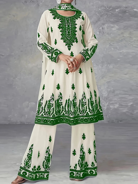 Women Plus Size Ethnic Style Three Piece Printed Outfit Set