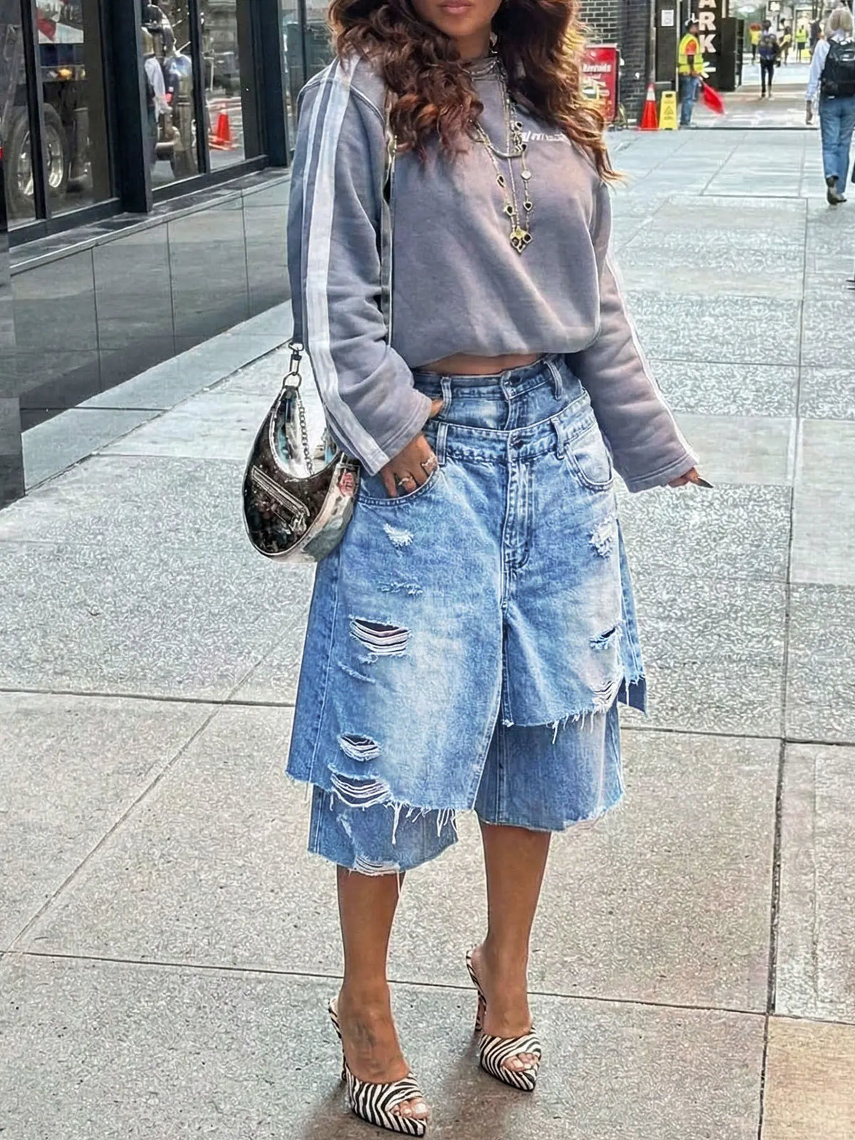 Glori Women Denim Bermuda Shorts Double Waistband Deconstructed