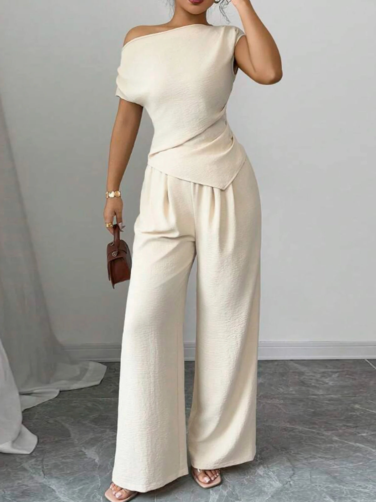 Elegant Pure Color Ladies Asymmetric Top And Wide Leg Pants Two Piece Set