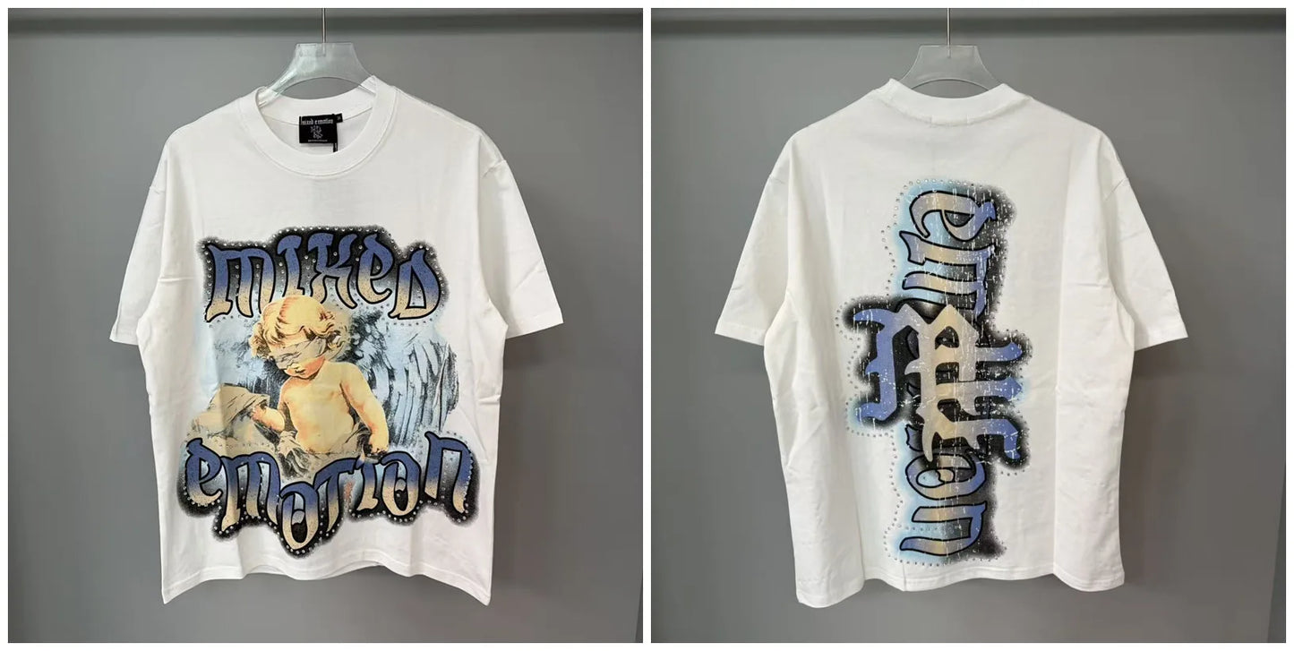 Mixed Emotion Rhinestone Cartoon Print Cotton T Shirt Men Women