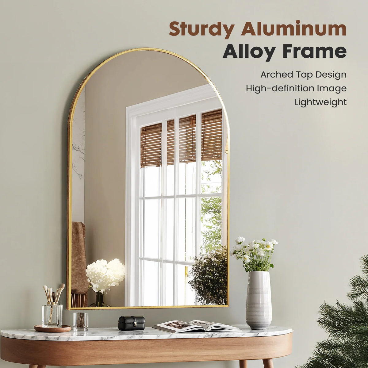 JHK Arched Metal Bathroom Mirror Modern Glass Wall Decor