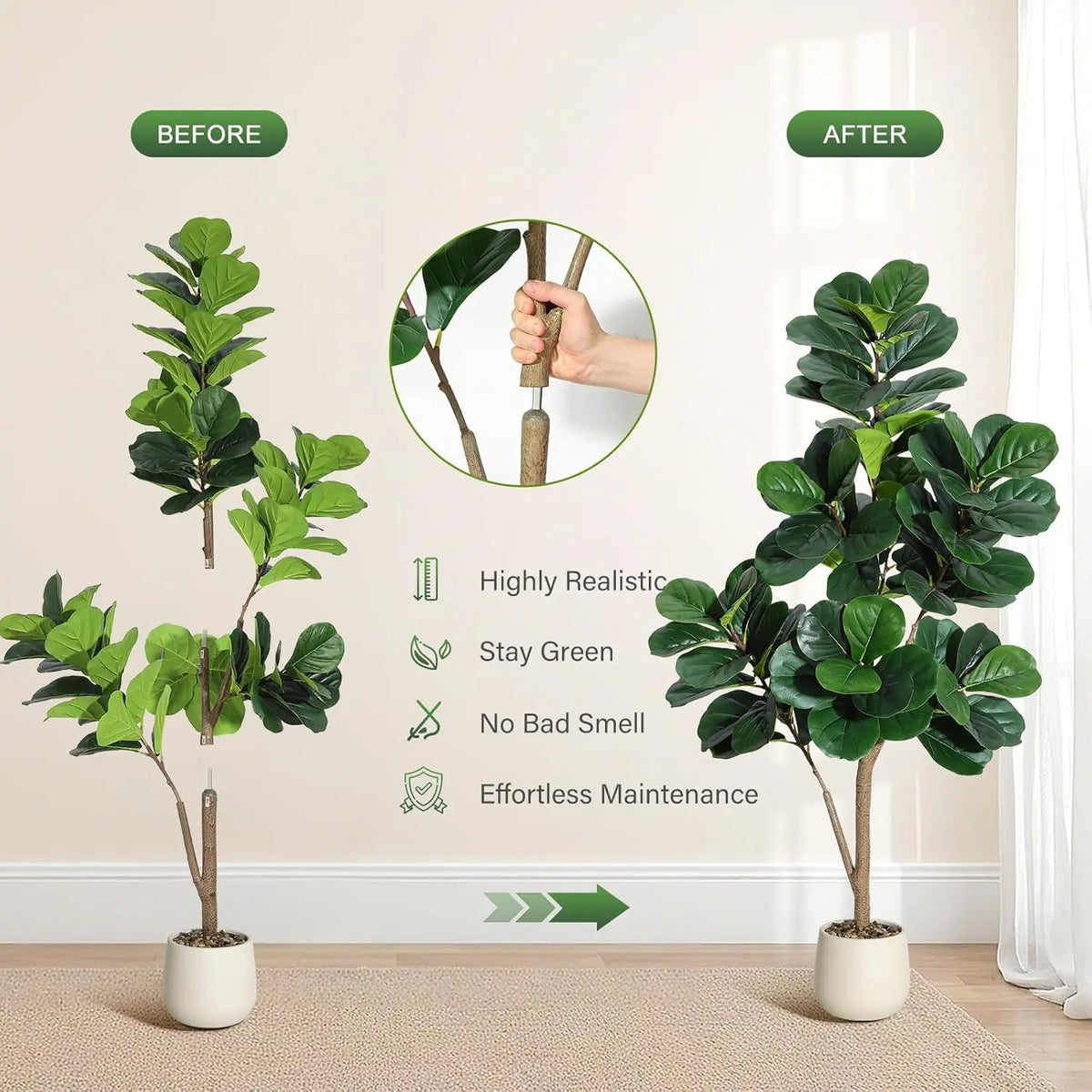 Himiss Artificial Fiddle Leaf Fig Tree In White Planter