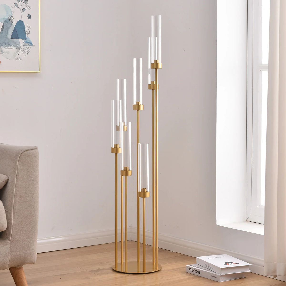 Vincigant Gold 7 Arm Metal Floor Candelabra With Acrylic Lampshade