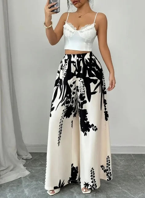 Women's Black Floral Print Polyester Palace Pants