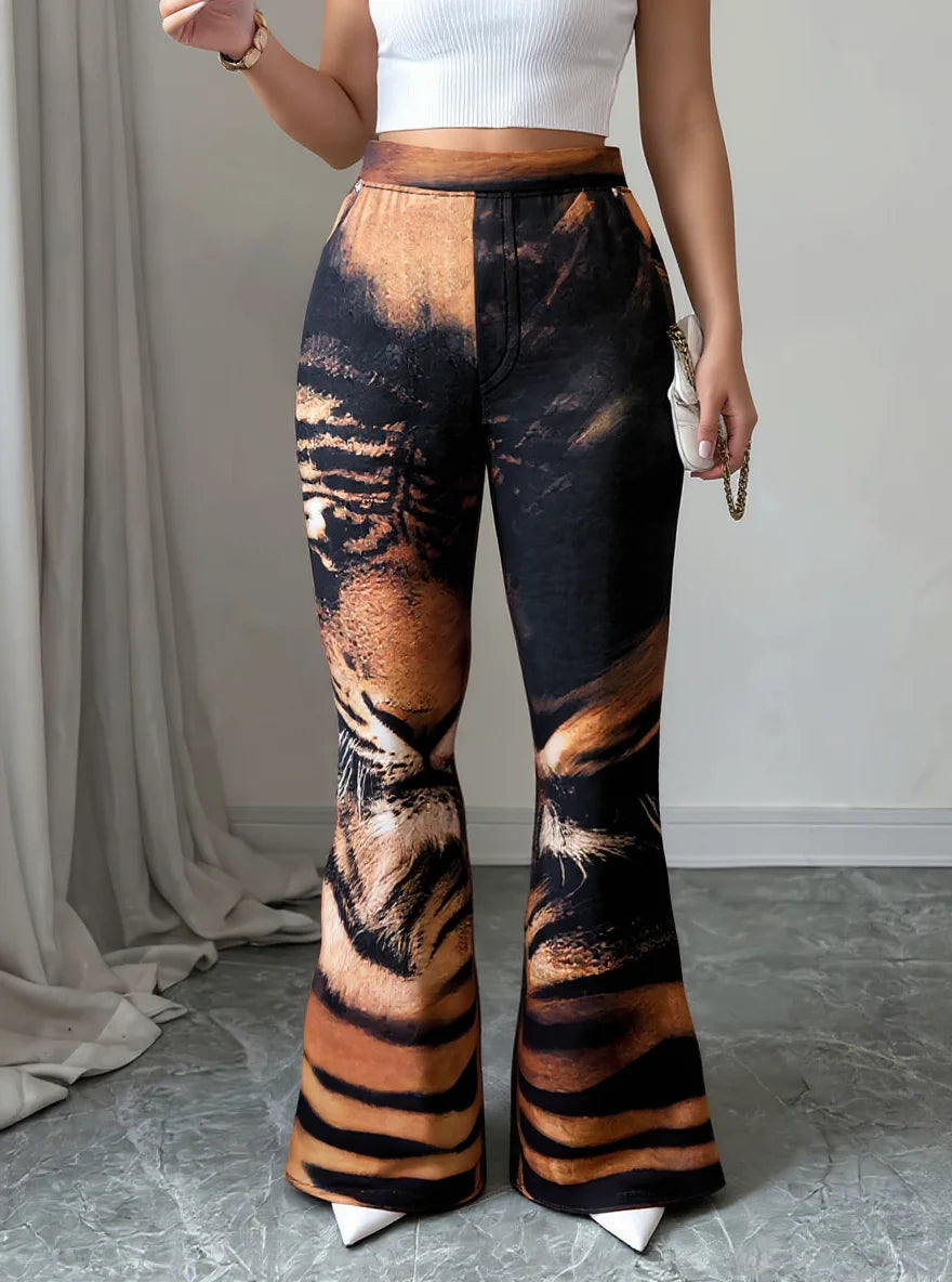 Women High Waist Tiger Print Flare Pants Vintage Stretch Bell Bottom Trousers
