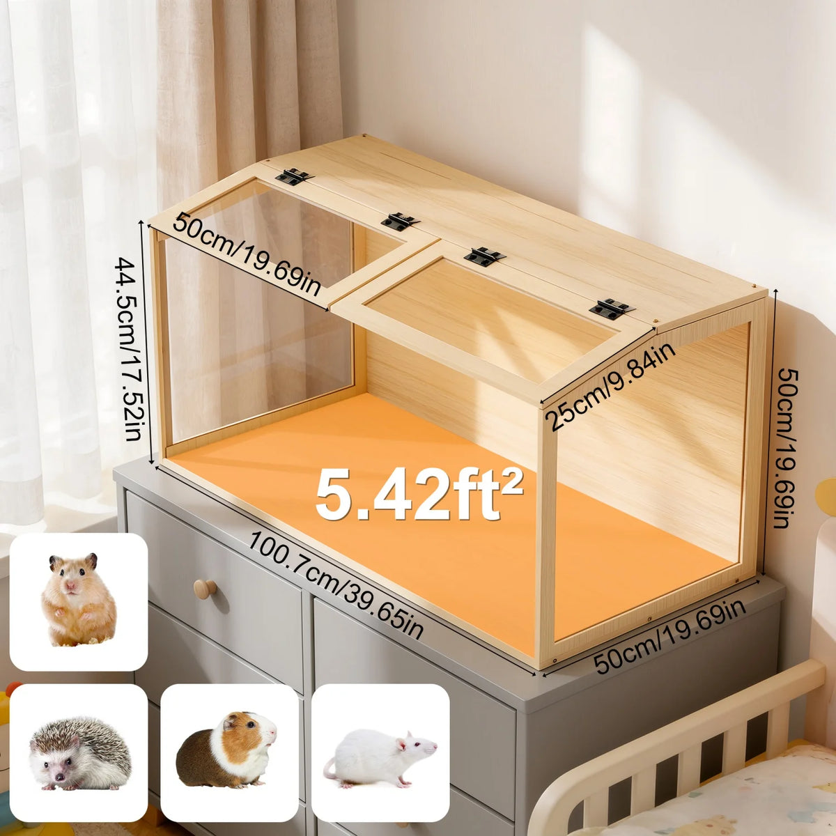 Wooden Small Pet Cage Featuring Tempered Glass And Integrated Led Lamp