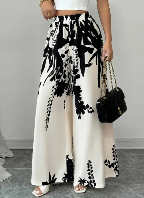 Women's Black Floral Print Polyester Palace Pants