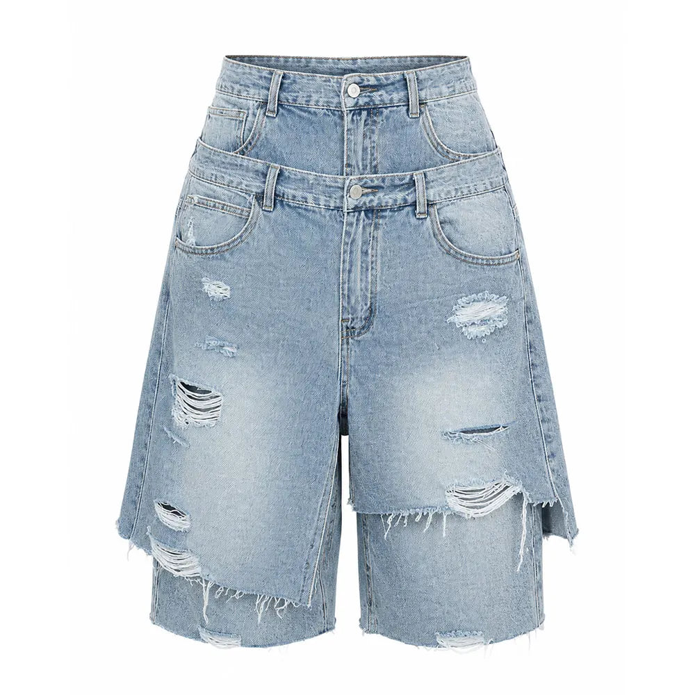 Glori Women Denim Bermuda Shorts Double Waistband Deconstructed