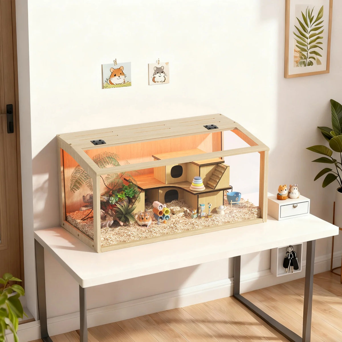 Wooden Small Pet Cage Featuring Tempered Glass And Integrated Led Lamp
