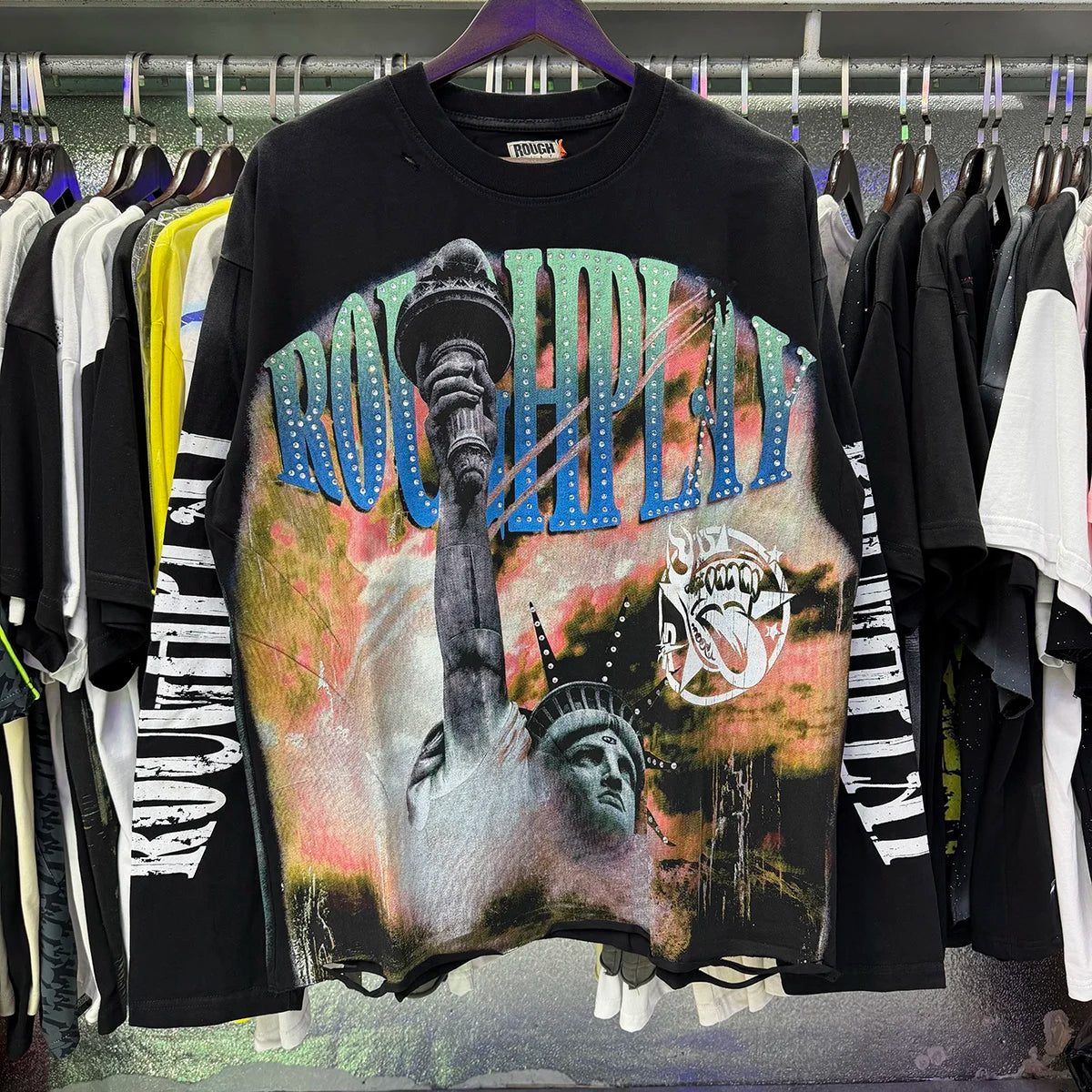 American Style Splicing Diamond Cotton Crew Neck T Shirt Unisex